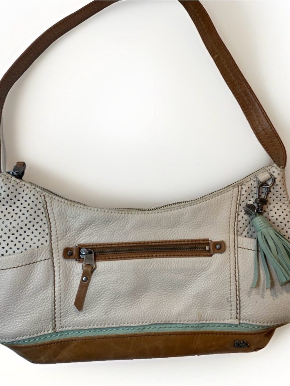 The Sak Kendra Leather Hobo Shoulder Bag Cream Tan Perforated with Mint Tassel